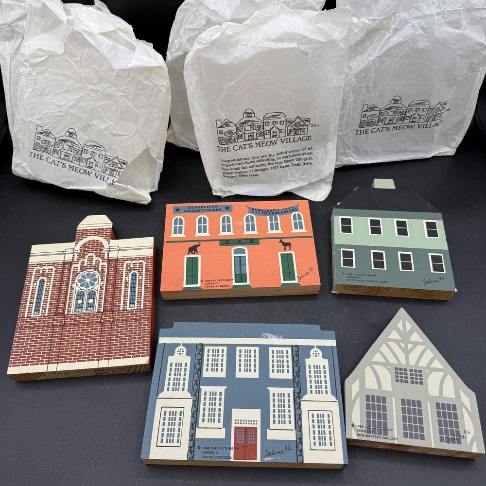 Vtg 1985 The Cat's Meow Village Series lll 3 Signed Feline Lot of 5 Church Jewel
